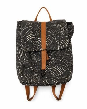 Lu & Elle Canvas Backpack Gray White Palm Print Tan Faux Leather Straps Boho Bag